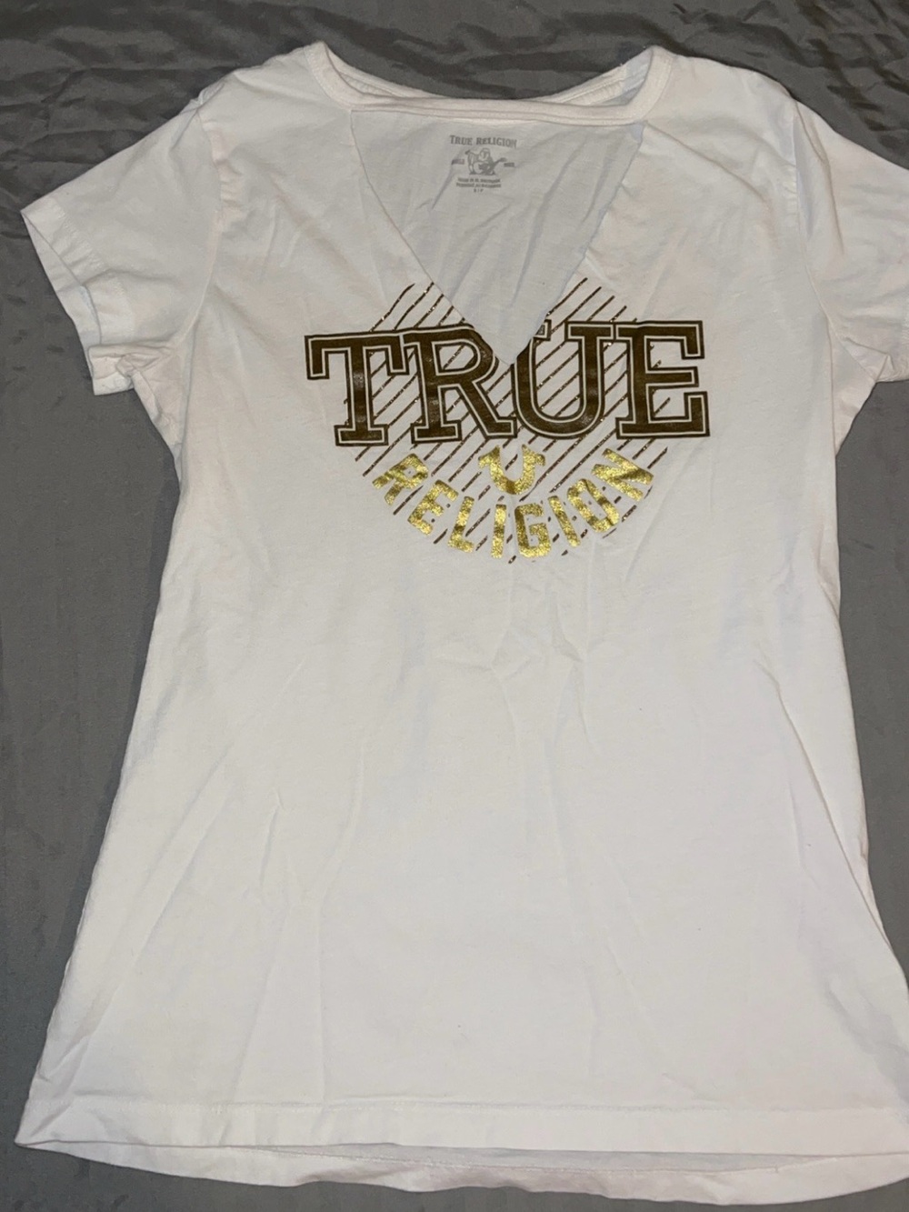True Religion White Short Sleeve V-Neck Tee with Gold Logo